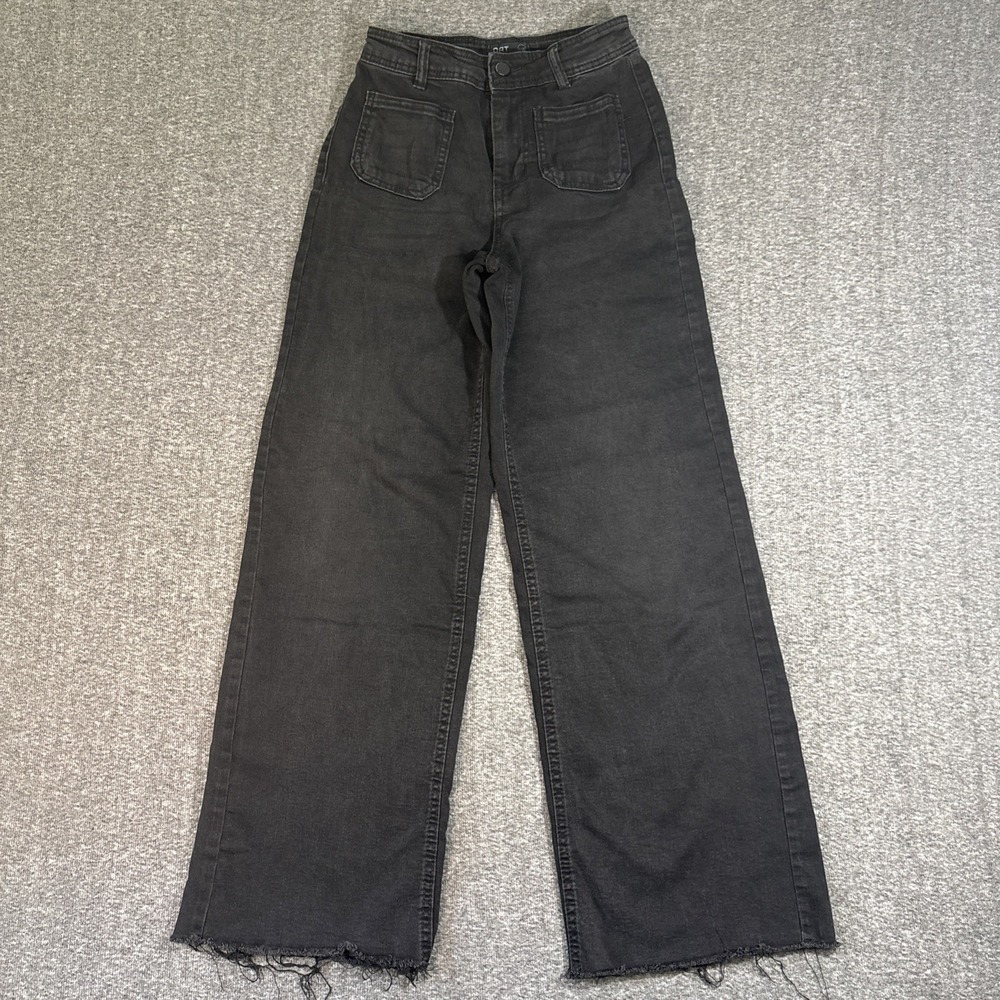 OAT New York High Rise Wide Leg Patch Pocket Black Demin Jeans Raw Hem Size 0/25